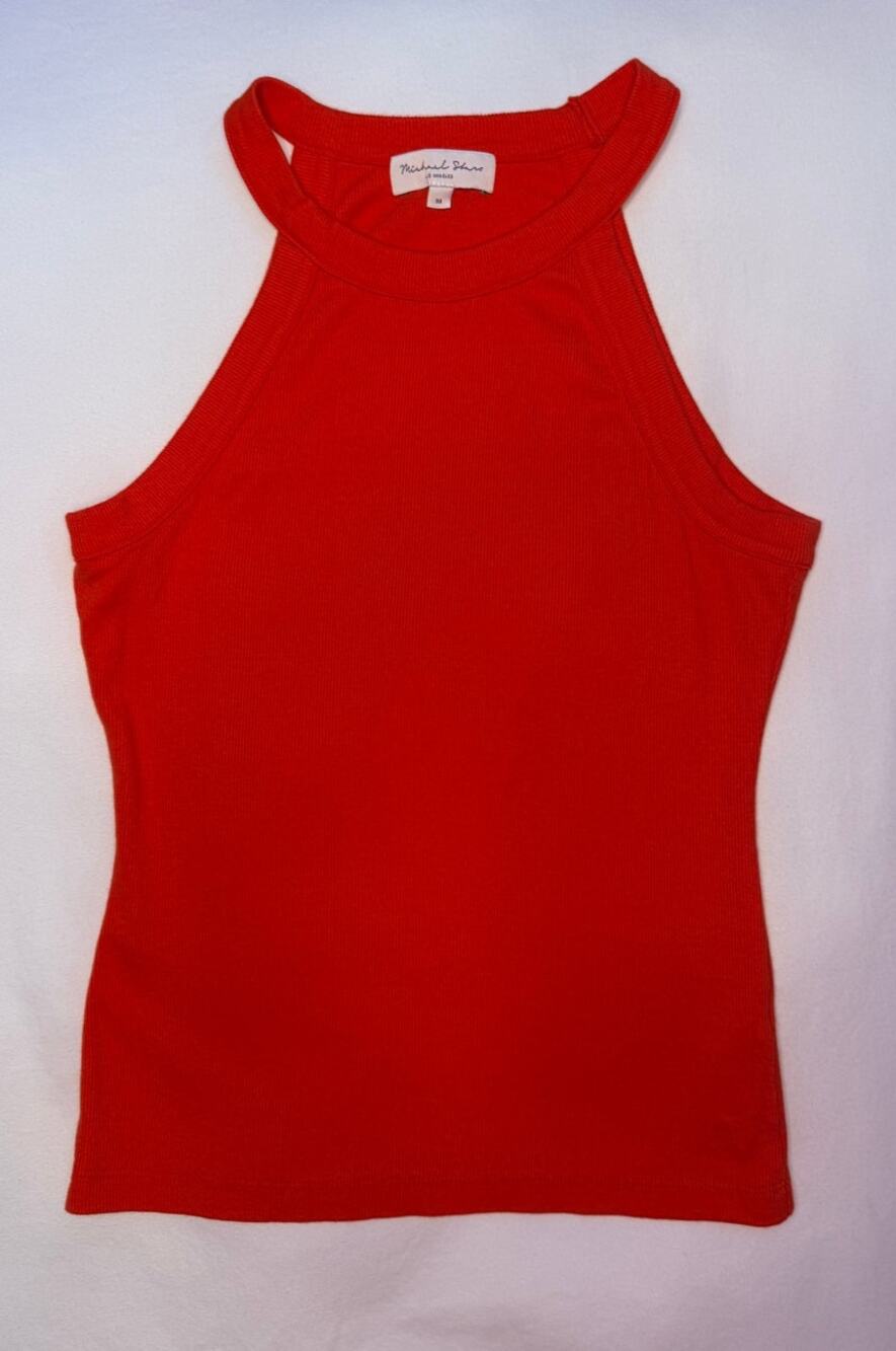 Michael Stars Ribbed High Neck Halter Tank Top Sz M Orange Red Modal Cotton USA